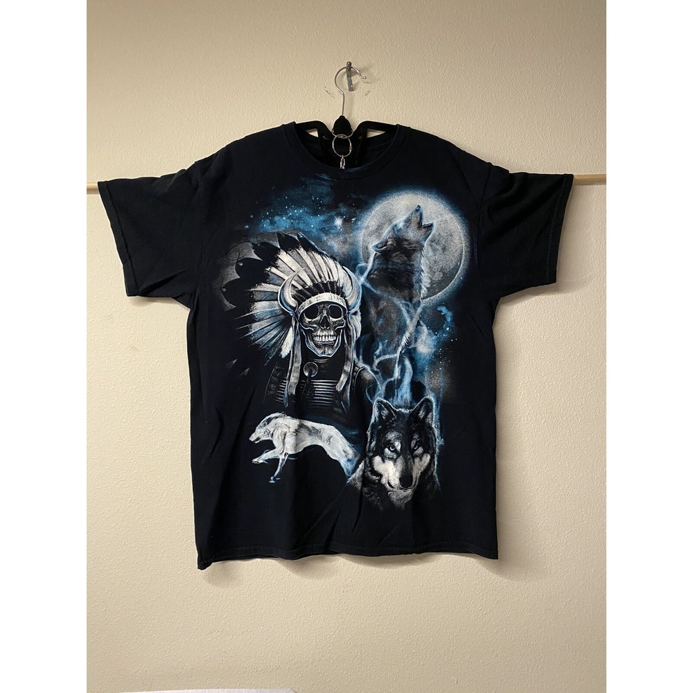 Skull Native American Wolves Full Moon Mens T Shirt Sz L Cotton Black Pre-Owned